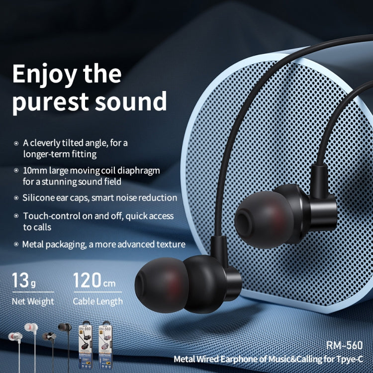 REMAX RM-560 Type-C In-Ear Stereo Metal Music Earphone with Wire Control + MIC, Support Hands-free, Not For Samsung Phones