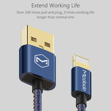Load image into Gallery viewer, Mcdodo CA-1730 1.2m 2.4A Reversible 8 Pin to USB Denim Cover TPE Jacket Data Sync Charging Cable with Aero Aluminum Head for iPhone, iPad(Denim Blue)
