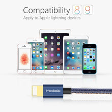 Load image into Gallery viewer, Mcdodo CA-1730 1.2m 2.4A Reversible 8 Pin to USB Denim Cover TPE Jacket Data Sync Charging Cable with Aero Aluminum Head for iPhone, iPad(Denim Blue)