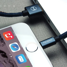 Load image into Gallery viewer, Mcdodo CA-1730 1.2m 2.4A Reversible 8 Pin to USB Denim Cover TPE Jacket Data Sync Charging Cable with Aero Aluminum Head for iPhone, iPad(Denim Blue)