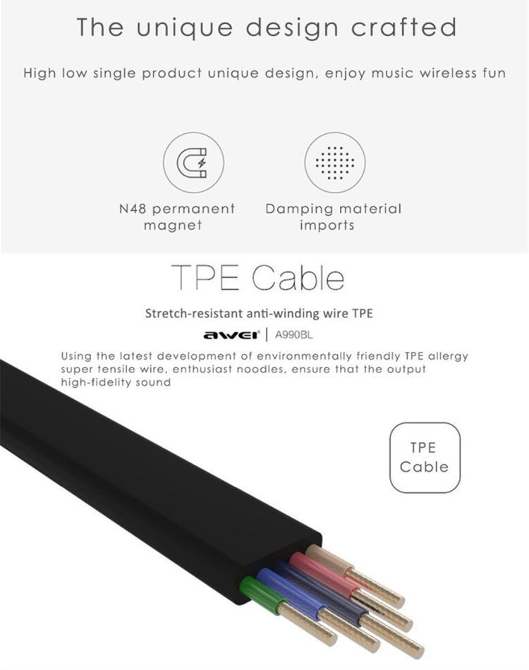 AWEI A990BL Wireless Sport Bluetooth Stereo Earphone with Wire Control + Mic, Support Handfree Call