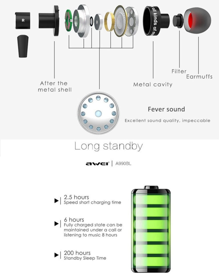 AWEI A990BL Wireless Sport Bluetooth Stereo Earphone with Wire Control + Mic, Support Handfree Call