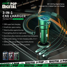 Load image into Gallery viewer, WK WP-C44 Pop Digital Series Ciahung 3-in-1 Cabled 33W Dual-USB Fast Car Charger, WP-C44 (Black), WP-C44 (Green), WP-C44 (Silver)