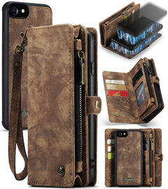 CaseMe for  iPhone 8 & 7  Multifunctional Leather Billfold with Detachable Magnetic PC Back Protective Case & Holder & 10 Card Slots & 3 Cash Slots & 1 Zipper Wallet & 2 Photo Frames & 3 Magnetic Clasps, For 8 & 7, For iPhone 8 & 7
