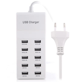 5V 2.4A / 2.1A / 1A 10-Port USB Charger Adapter, EU Plug