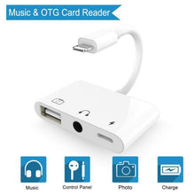 Load image into Gallery viewer, 3 in 1 Multi-function 8 Pin + 3.5mm + USB 3.0 OTG to 8 Pin Male Fast Charging &amp; Music Audio &amp; Card Reading Adapter