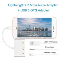 Load image into Gallery viewer, 3 in 1 Multi-function 8 Pin + 3.5mm + USB 3.0 OTG to 8 Pin Male Fast Charging &amp; Music Audio &amp; Card Reading Adapter