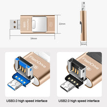 Load image into Gallery viewer, 32GB USB 3.0 + 8 Pin + Mirco USB Android iPhone Computer Dual-use Metal Flash Drive