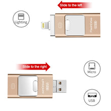 Load image into Gallery viewer, 64GB USB 3.0 + 8 Pin + Mirco USB Android iPhone Computer Dual-use Metal Flash Drive