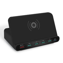 Load image into Gallery viewer, 828W 7 in 1 60W QC 3.0 USB Interface + 4 USB Ports + USB-C / Type-C Interface + Wireless Charging Multi-function Charger with Mobile Phone Holder Function, UK Plug