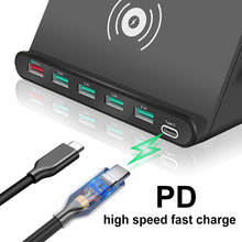 Load image into Gallery viewer, 828W 7 in 1 60W QC 3.0 USB Interface + 4 USB Ports + USB-C / Type-C Interface + Wireless Charging Multi-function Charger with Mobile Phone Holder Function, UK Plug