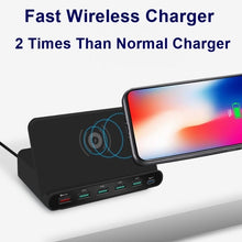 Load image into Gallery viewer, 828W 7 in 1 60W QC 3.0 USB Interface + 4 USB Ports + USB-C / Type-C Interface + Wireless Charging Multi-function Charger with Mobile Phone Holder Function, UK Plug