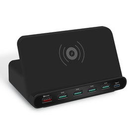 828W 7 in 1 60W QC 3.0 USB Interface + 4 USB Ports + USB-C / Type-C Interface + Wireless Charging Multi-function Charger with Mobile Phone Holder Function, US Plug