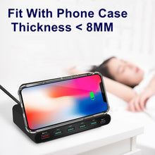 Load image into Gallery viewer, 828W 7 in 1 60W QC 3.0 USB Interface + 4 USB Ports + USB-C / Type-C Interface + Wireless Charging Multi-function Charger with Mobile Phone Holder Function, US Plug