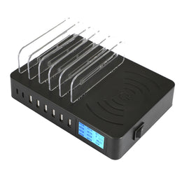 50W 6 USB Ports + 2 USB-C / Type-C Ports + Wireless Charging Multi-function Charger with LED Display & Detachable Bezel, US Plug