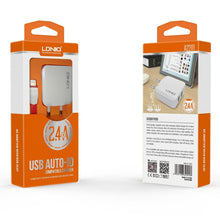 Load image into Gallery viewer, LDNIO A2201 2.4A Dual USB Charging Head Travel Direct Charge Mobile Phone Adapter Charger With 8 Pin Data Cable