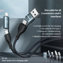 Load image into Gallery viewer, REMAX RC-011 1.2m 2.4A 4-in-1 USB to USB-C / Type-Cx2 + 8 Pin Fast Charging Data Cable