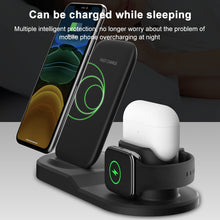 Load image into Gallery viewer, OJD-45 3 in 1 QI 10W Mobile Phone + Watch + 8 Pin Earphone Charging Port Multi-function Wireless Charger for Mobile Phones &amp; Watches &amp; AirPods 2