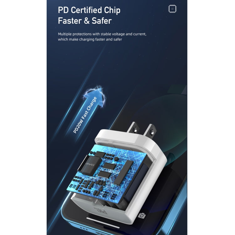 awei PD5 PD 20W Fast Charging Travel Charger Power Adapter with Type-C / USB-C to 8 Pin Cable, US Plug