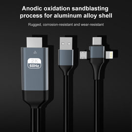 P8J Aluminum 3 in 1 8 Pin + Micro USB + USB-C / Type-C to HDTV Cable, Cable Length: 2m