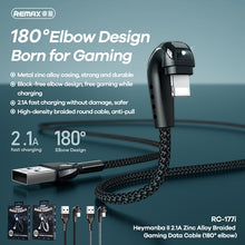 Load image into Gallery viewer, REMAX RC-177i Heymanba II 2.1A USB to 8 Pin 180 Degrees Elbow Zinc Alloy Braided Gaming Data Cable, Cable Length: 1m