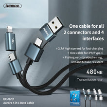 Load image into Gallery viewer, REMAX RC-020t 2.4A Aurora Series 4 in 1 8 Pin + USB +2 x Type-C Data Snyc Charging Cable, Cable Length: 1m