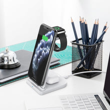 Load image into Gallery viewer, 10W 3 in 1 QC 3.0  Vertical Multi-function Wireless Charger with Stand Function, Suitable for Mobile Phones / Apple Watch / AirPods