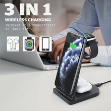 Load image into Gallery viewer, 10W 3 in 1 QC 3.0  Vertical Multi-function Wireless Charger with Stand Function, Suitable for Mobile Phones / Apple Watch / AirPods