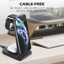 Load image into Gallery viewer, 10W 3 in 1 QC 3.0  Vertical Multi-function Wireless Charger with Stand Function, Suitable for Mobile Phones / Apple Watch / AirPods