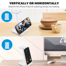 Load image into Gallery viewer, 10W 3 in 1 QC 3.0  Vertical Multi-function Wireless Charger with Stand Function, Suitable for Mobile Phones / Apple Watch / AirPods