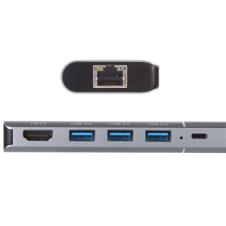 6 in 1 USB 2.0 x 3 + HDMI + RJ45 + 8 Pin Female Charging Port to 8 Pin Male Multi-function Dock Station Adapter