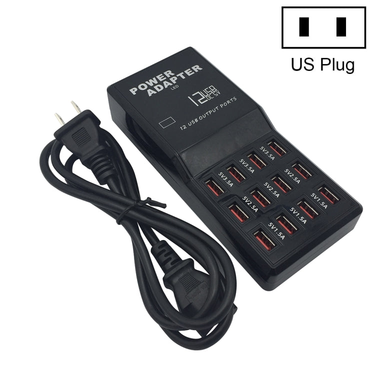 W-858 12A 12 Ports USB Fast Charging Dock Desktop Smart Charger AC100-240V, US Plug