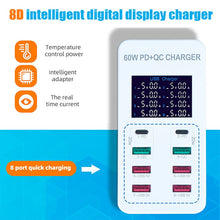 Load image into Gallery viewer, A8T 60W 8 Ports USB + QC3.0 + PD Type-C Smart Charging Station with Digital Display AC100-240V, EU Plug, A8T EU Plug