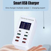 Load image into Gallery viewer, A8T 60W 8 Ports USB + QC3.0 + PD Type-C Smart Charging Station with Digital Display AC100-240V, UK Plug, A8T UK Plug