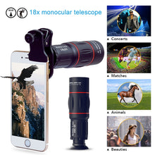 Load image into Gallery viewer, APEXEL APL-T18XBZJ5 4 in 1 18X Telescope + 0.63X Wide Lens + 198 Degrees Fisheye Lens + 15X Macro Lens Universal External Camera Phone Lens