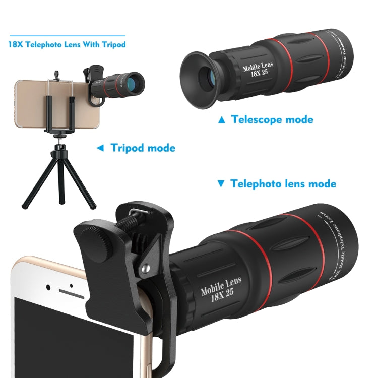 3 in 1 Universal 18X Telephoto Lens + Tripod Mount + Mobile Phone Clip