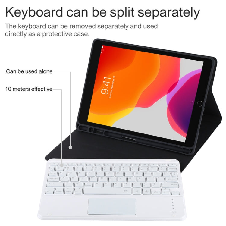 TG-102BCS Detachable Bluetooth White Keyboard + Microfiber Leather Tablet Case for iPad 10.2 inch / iPad Air (2019), with Touch Pad & Backlight & Pen Slot & Holder, White Keyboard
