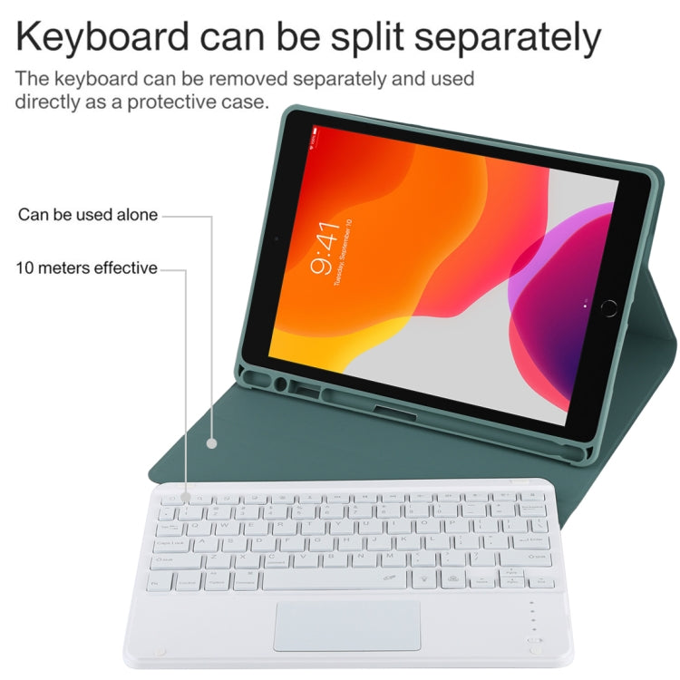 TG-102BCS Detachable Bluetooth White Keyboard + Microfiber Leather Tablet Case for iPad 10.2 inch / iPad Air (2019), with Touch Pad & Backlight & Pen Slot & Holder