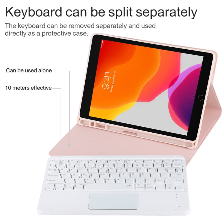 TG-102BC Detachable Bluetooth White Keyboard + Microfiber Leather Tablet Case for iPad 10.2 inch / iPad Air (2019), with Touch Pad & Pen Slot & Holder