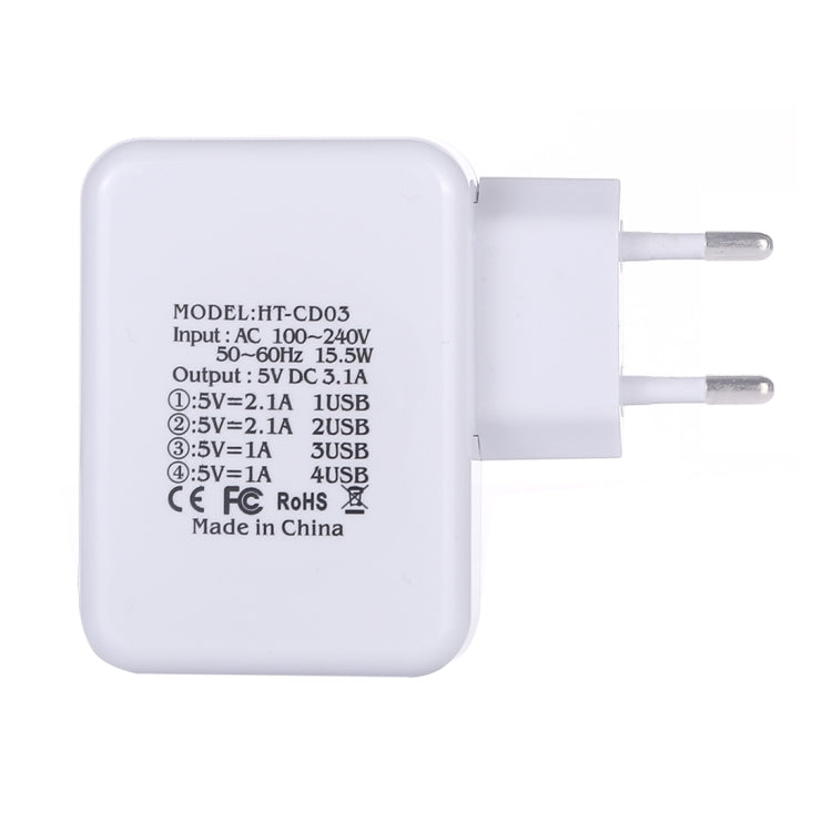 HT-CD03 15.5W 5V 3.1A 4-Port USB Wall Charger Travel Charger, EU Plug