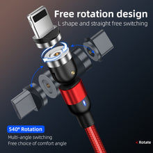 Load image into Gallery viewer, 1m 2A Output 3 in 1 USB to 8 Pin + USB-C / Type-C + Micro USB Nylon Braided Rotate Magnetic Charging Cable