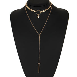 Simple Sexy Handmade Sequins Star Tassels Circle Clavicle Chain Long Pendant Double-layer Chain, Double-layer Chain