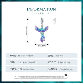 BSC880 S925 Sterling Silver Colorful Gradient Phoenix Pendant Accessories DIY Bracelet Beads, BSC880