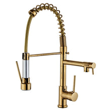 Load image into Gallery viewer, Copper Pull Type Large Spring Double Outlet Kitchen Sink Hot Cold Faucet, Gold