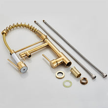 Load image into Gallery viewer, Copper Pull Type Large Spring Double Outlet Kitchen Sink Hot Cold Faucet, Gold