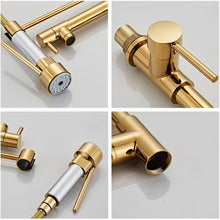 Load image into Gallery viewer, Copper Pull Type Large Spring Double Outlet Kitchen Sink Hot Cold Faucet, Gold