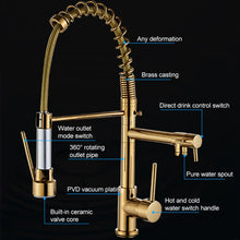 Load image into Gallery viewer, Copper Pull Type Large Spring Double Outlet Kitchen Sink Hot Cold Faucet, Gold