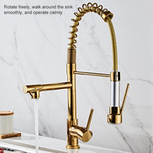 Load image into Gallery viewer, Copper Pull Type Large Spring Double Outlet Kitchen Sink Hot Cold Faucet, Gold