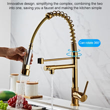 Load image into Gallery viewer, Copper Pull Type Large Spring Double Outlet Kitchen Sink Hot Cold Faucet, Gold