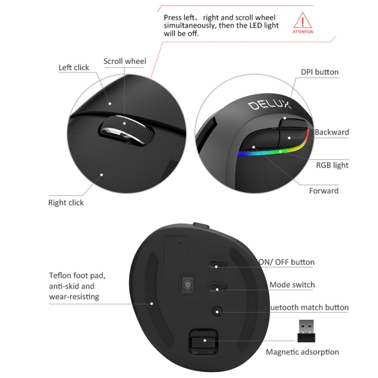 DELUX M618 Mini 2.4G Wireless 2400DPI USB Rechargeable Ergonomic Vertical Mouse, M618 Pink, M618 Grey